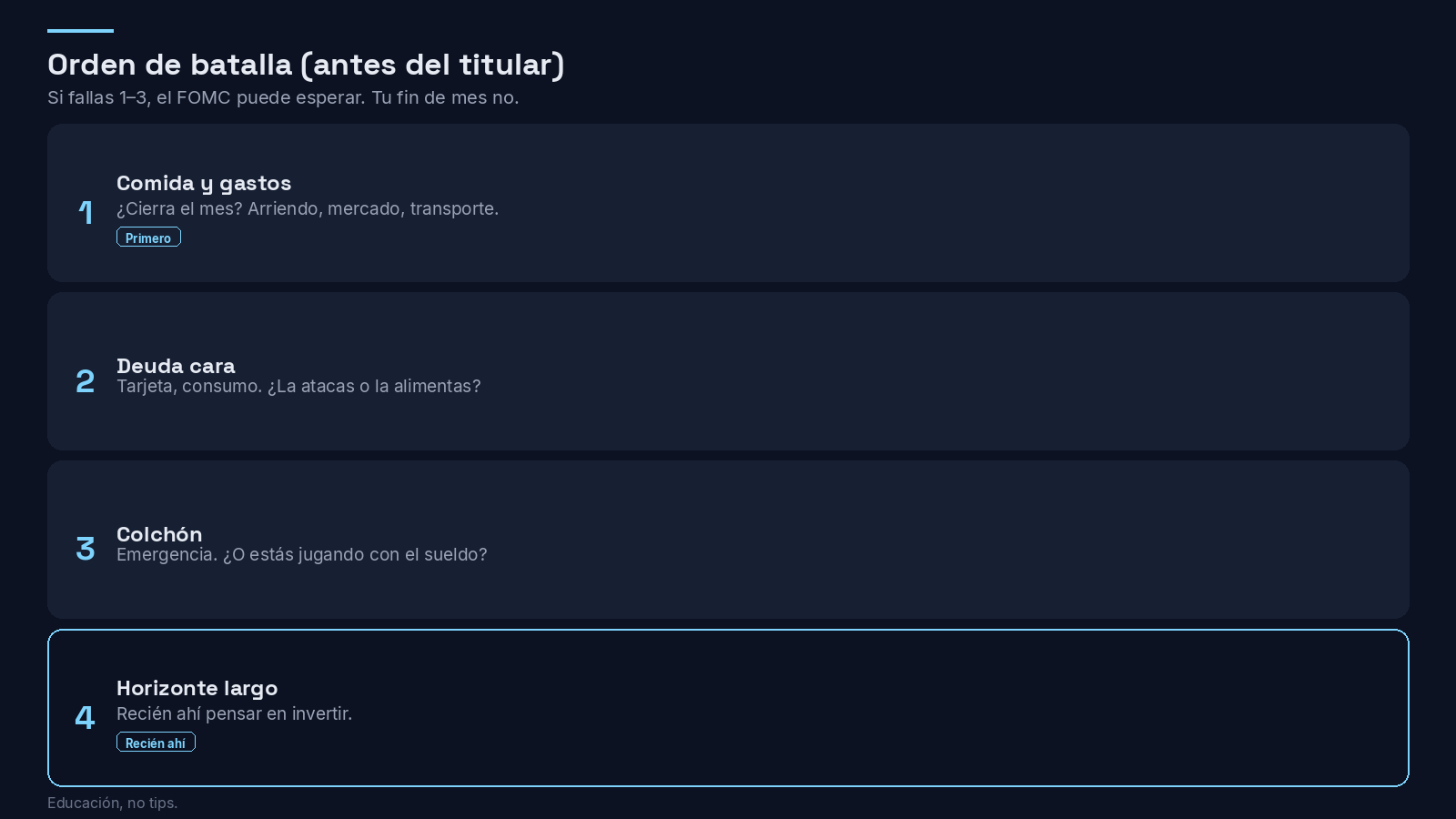 Orden de batalla personal: gastos, deuda, colchón, horizonte