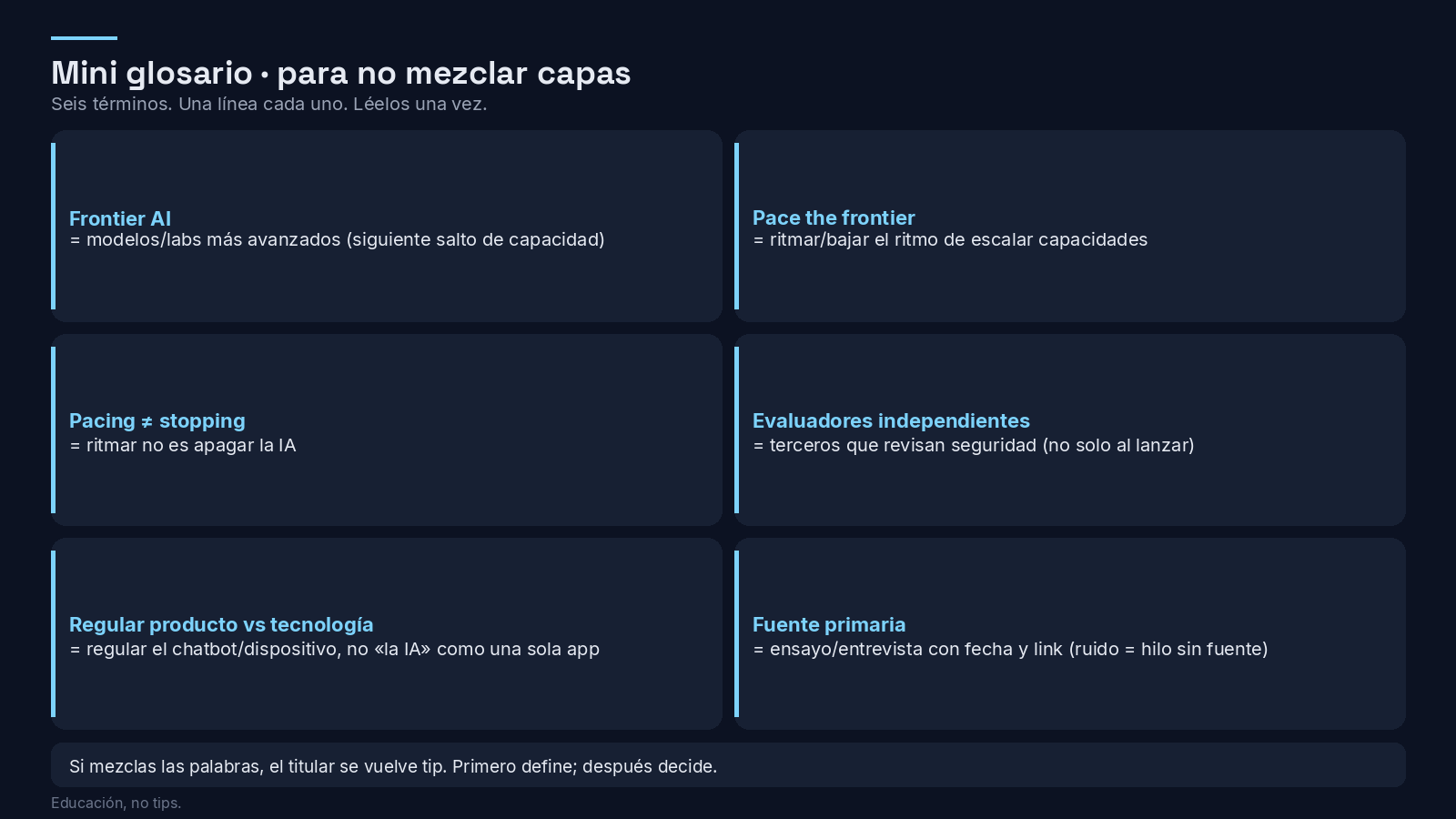Mini glosario: frontier, pacing ≠ stopping, evaluadores, producto vs tecnología